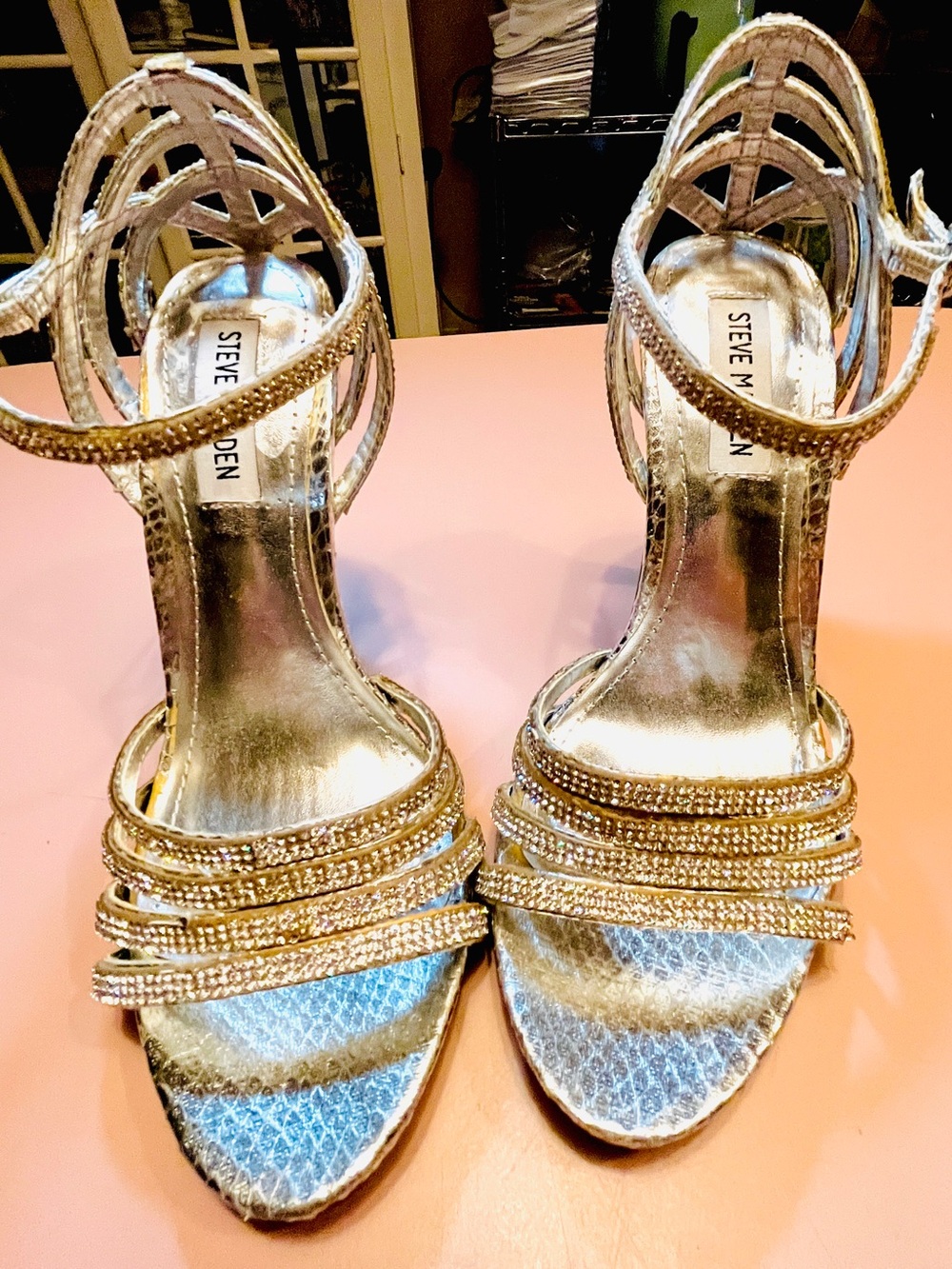 Steve Madden Metallic Silver Rhinestone Strappy Heels